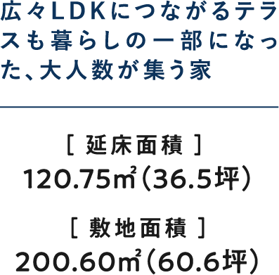 広々LDKにつながるテラスも暮らしの一部になった、大人数が集う家
